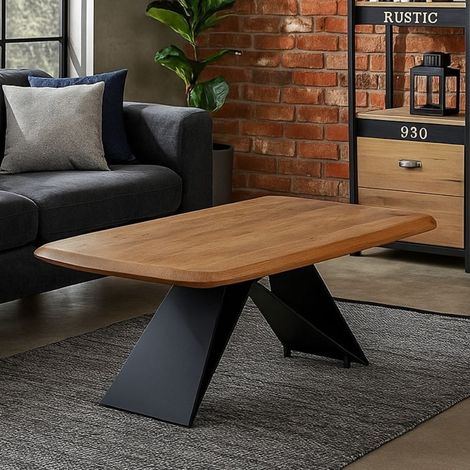 Table basse acacia massif 110 x 60 cm pied X métal noir HIMERA (1/5)