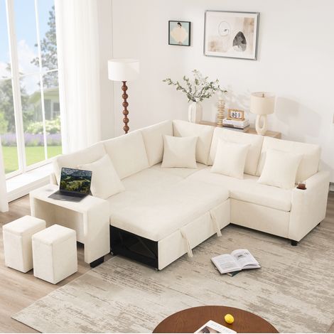 L-förmiges Schlafsofa mit Getränkehalter, breiten Armlehnen, USB- und USB-C-Anschlüssen, Kissen, Schlaffunktion und Stauraum, beige (1/5)