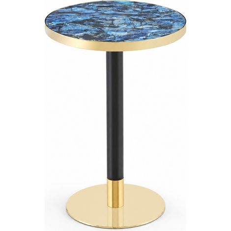 Tavolino rotondo effetto marmo blu con bordo dorato e struttura in metallo nero e dorato (1/5)