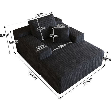 Canapé modulable en velours côtelé noir 115x159 cm avec chaise longue, mousse haute élasticité, sans montage (1/5)