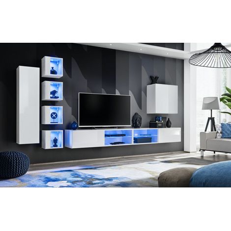 Ensemble meuble TV mural Switch XXVI - L 320 x P 40 x H 150 cm - Blanc - Livraison gratuite