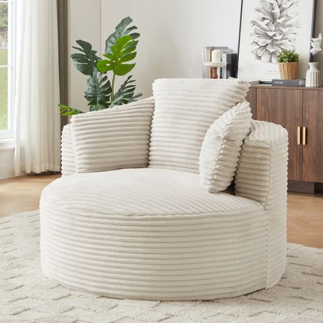 Fauteuil rond en corduroy beige, dossier rembourré, assise confortable en mousse haute densité, sans assemblage (1/5)