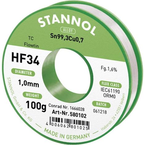 Stannol HF34 Hilo de Soldadura Sin Plomo Bobina 100 g 1 mm