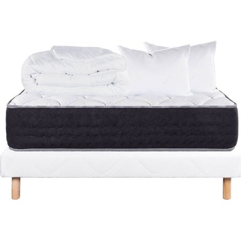 SELIAN - Pack Matelas + Sommier Tapissier Blanc 140x190 cm + 2 Oreillers + 1 Couette (1/5)