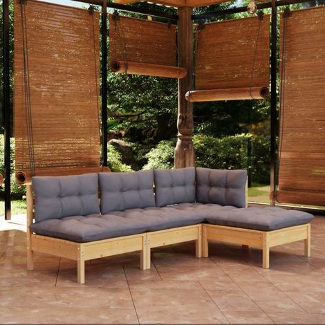 vidaXL 4 Piece Garden Lounge Set with Grey Cushions Pinewood