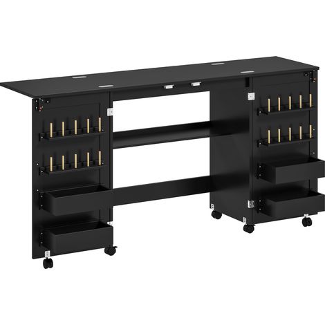 Table de couture pliante et meuble couture à roulettes - 160x40x83 cm, noir - 2 portes magnétiques, 4 bacs et 20 crochets - Pour couture - Design pratique (1/5)