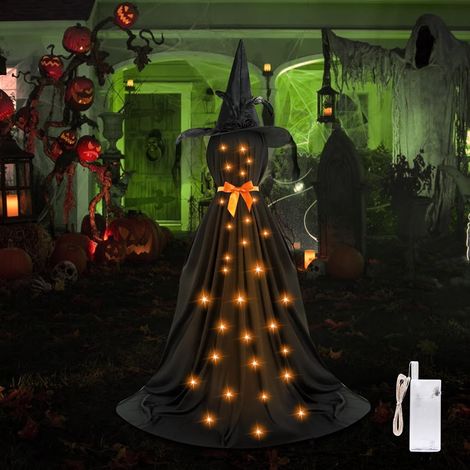 Grande sorcière d'Halloween de 210 cm avec guirlandes lumineuses - Décoration d'Halloween d'extérieur - Fonctionne avec piles - Décoration de sorcière effrayante pour décorations d'Halloween (1/5)