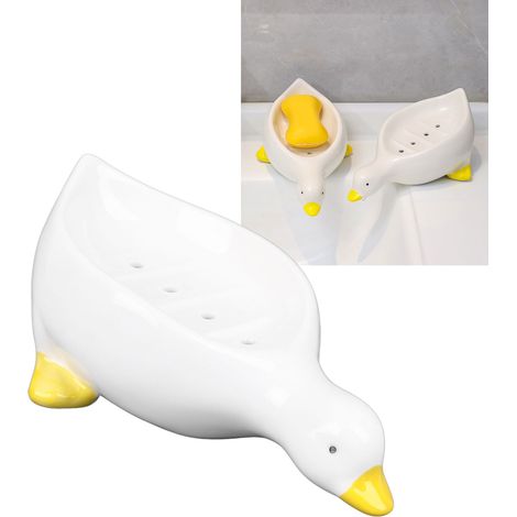Seifenschale/Seifenbeckenhalter in Entenform aus Keramik, kein Bohren erforderlich, hält kein Wasser zurück und ist mit einem Abflusssystem ausgestattet. (1/5)