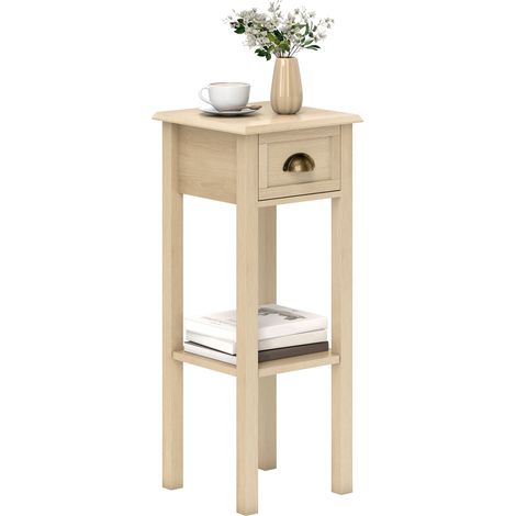 HOMCOM mesa auxiliar rústica, mesa auxiliar para sofá, con cajón y estante, mesita de noche para salón, dormitorio, 30x30x75 cm, madera natural