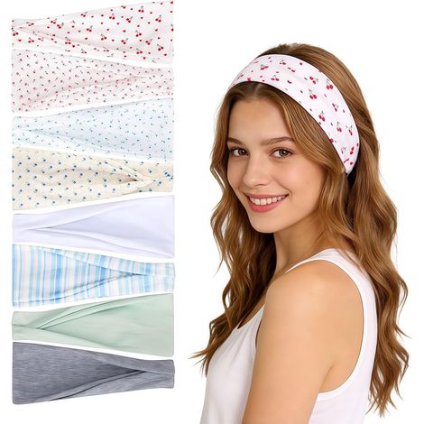 8 pièces Bandeau Boho Femme, Bandeau et Bandes de Cheveux, Bandeaux pour Femmes, Adolescents, Filles pour Yoga, Sport, Tous Les Jours (Fleurs Cerise) (1/5)