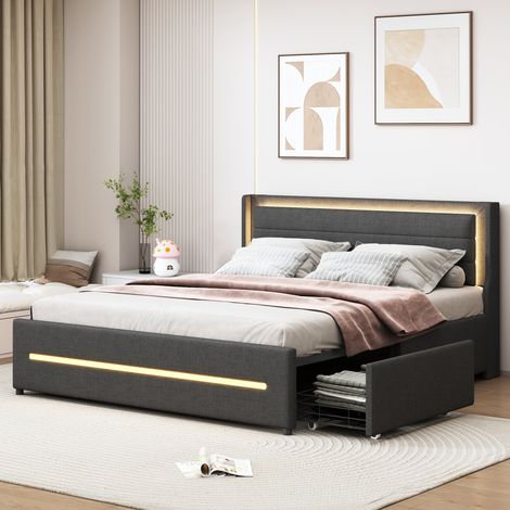 Cama Doble 160x200cm con LED 4 Cajones Tela de Lino Gris (Sin Colchón) (1/5)