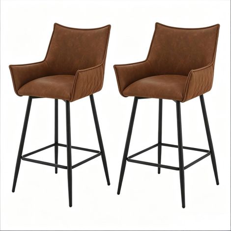 Lot de 2 tabourets de bar vintage en PU avec accoudoirs incurvés et dossier ergonomique, pieds en métal noir, brun (1/5)