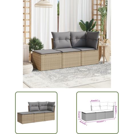 The Living Store Salon de jardin avec coussins 3 pcs beige résine tressée - Ensemble Salon De Jardin - Mobilier De Jardin - Canapé Extérieur - Chaise Lounge - Pouf Pliable (1/3)