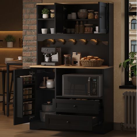 Buffet de cuisine haut 100 x 40 x 163 cm avec LED, prises, USB, niche micro-ondes, noir (1/5)