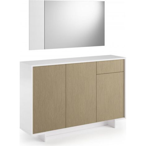 Buffet Frame Slim 3 portes avec tiroir à ouverture par pression, blanc et clair, 134 x 35 x 87 cm - Terraneo (1/3)