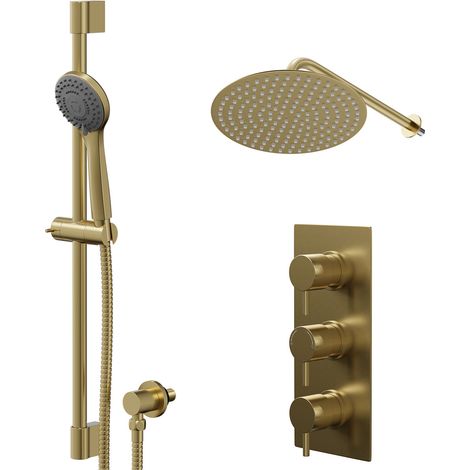 Colore Round Brushed Brass Concealed Triple Thermostatic Shower Valve and 300mm Thin Round Fixed Head with Wall Arm and Round Slide Rail Kit with Round Elbow - 2 Outlet (1/5)