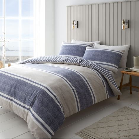 Parure de lit à Rayures texturées pour lit Double avec Housse de Couette et taies d'oreiller Bleu (1/5)