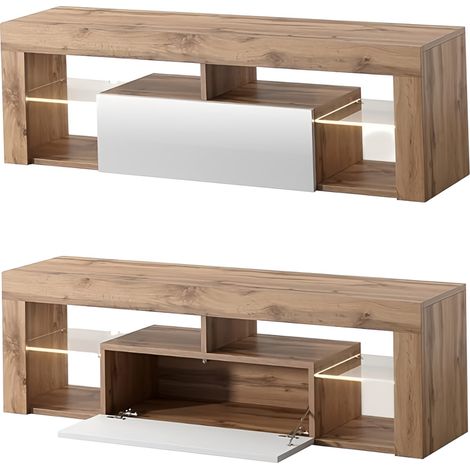 Selsey BIANKO - Mobile TV Moderno / Tavolino TV / Porta TV Elegante con Ripiani in Vetro 140 cm (Quercia Dorata / Bianco Lucido, con LED) (1/8)