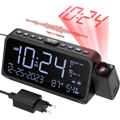 Radio-Réveil Projecteur de Plafond avec Projection 180°, Radio FM, Double Alarme avec Mode Jour Ouvrable/Week-End, Répétition, Ports de Chargement, Variateur, Température, Humidité, Veilleuse (1/5)