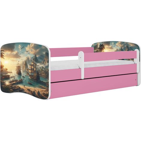 Lit enfant et junior 80 x 160 cm avec tiroir et barrière amovible, motif Bateau, rose (1/4)
