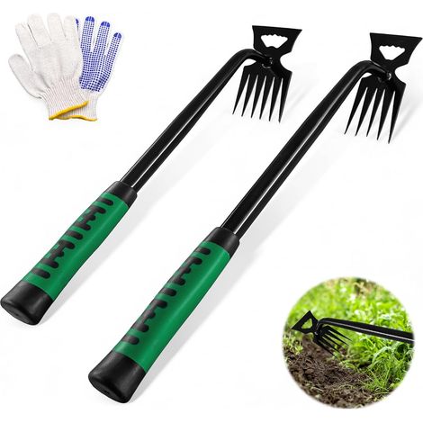2 Pièces Outil de Désherbage, Désherbeur Manuel avec Poignée, 5 Dents + 6 Dents Arrache Mauvaise Herbes, pour Désherber Votre Jardin, Creuser (Vert) (1/5)