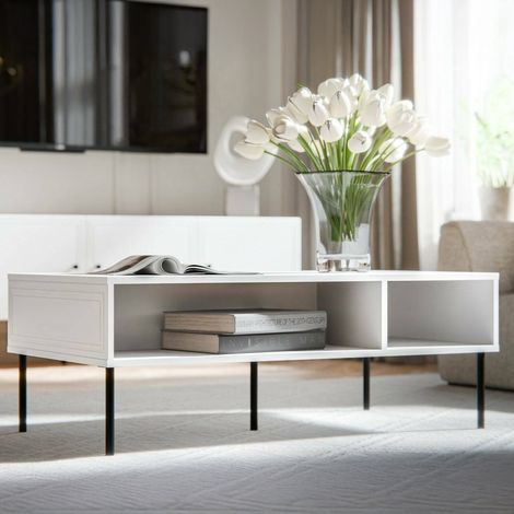 Mesa de centro Enemonzo, con dos compartimentos de almacenamiento, elevada del suelo, 110x60 h40 cm, blanca (1/3)