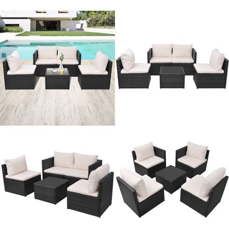 5-tlg. Garten-Lounge-Set mit Auflagen Poly Rattan Schwarz - Gartenmöbel - Gartengarnitur - Home & Living
