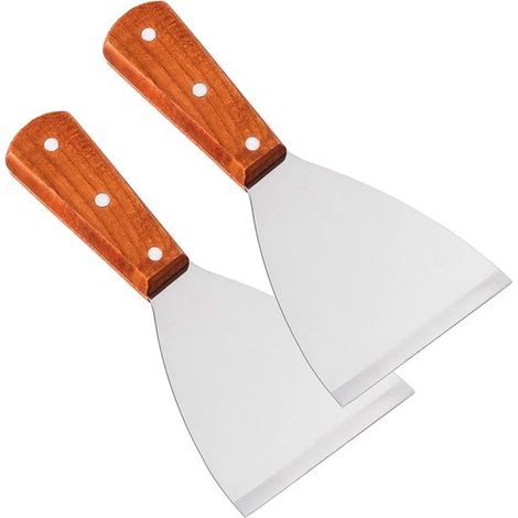2 raspadores de parrilla de acero inoxidable, Espátula biselada, Espátula para parrilla, Con mango de madera, Espátula para restaurante, Plateado (1/5)