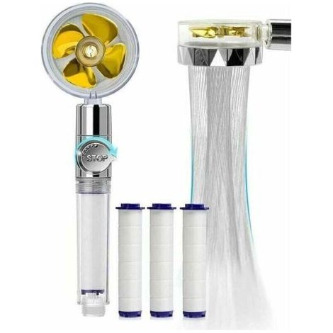 Hand shower, Anti-limescale Water Saving Shower Head, High Pressure Helix Shower Head Rotating 360°, Three-Level Filter Filtration System With 3 Replaceable PP Cotton (Gold.