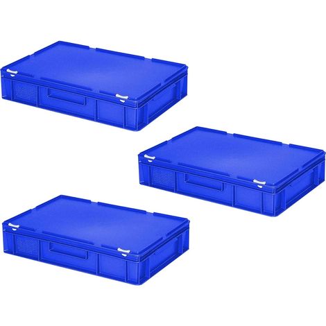 BRB Lot de 3 récipients Euro avec couvercle, PE-HD, L x l x H 600 x 400 x 130 mm, 23 l, bleu