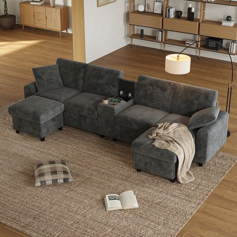 Canapé en velours côtelé en forme de U, avec 2 poufs coffre, table basse, 2 porte-gobelets, 1 port USB, 2 prises électriques et 2 ports Type-C gris (L315×H81×P135cm) (1/5)