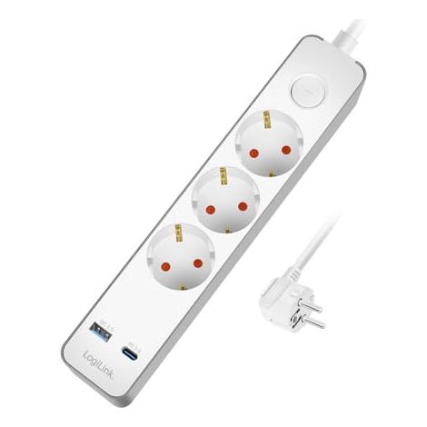 LogiLink LPS287U - Regleta de 3 enchufes + Interruptor de Encendido/Apagado, 3 x CEE 7/3, 1 x USB-A (18 W), 1 x USB-C (20 W), Longitud del Cable: 1,4 m