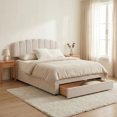 Lit avec tiroirs de rangement 140x200 cm avec ports USB + Type-C en Velours Teddy - Beige