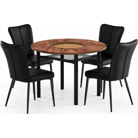 Set tavolo da pranzo rotondo moderno con 4 sedie nere in PU, piano effetto legno da 100 cm (1/5)
