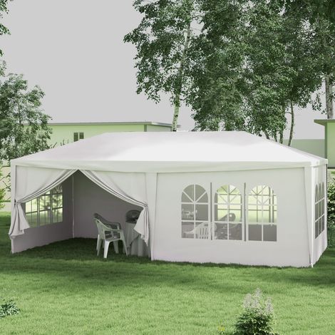 Abnehmbarer Gartenpavillon 6x3 m mit 4 Fenstern, 2 Reißverschlusstüren, 6 Seitenwänden und wasserdichtem weißen Belag