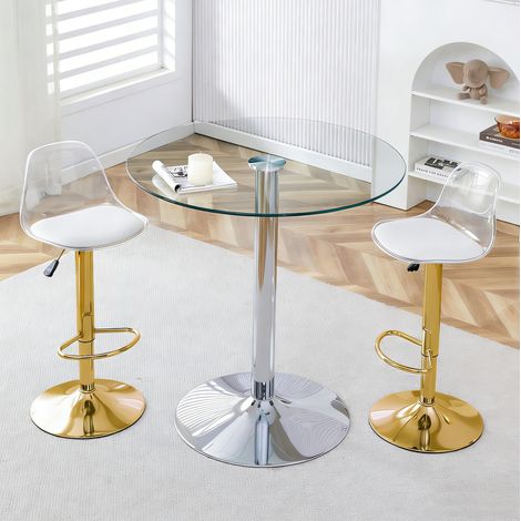 Bartisch-Set mit rundem Glastisch 89 cm und 2 höhenverstellbaren Drehhockern (1/5)