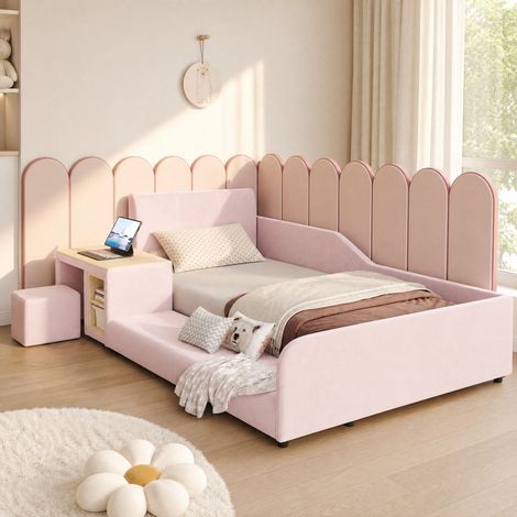 Cama individual tapizada rosa 90x200 cm con escritorio, taburete y estante (1/5)