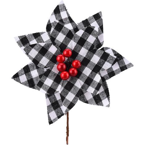 8 pièces poinsettias à carreaux ornements d'arbre de noël fleurs artificielles poinsettia pour guirlande de fête de mariage décoration de vacances blanc noir (1/5)