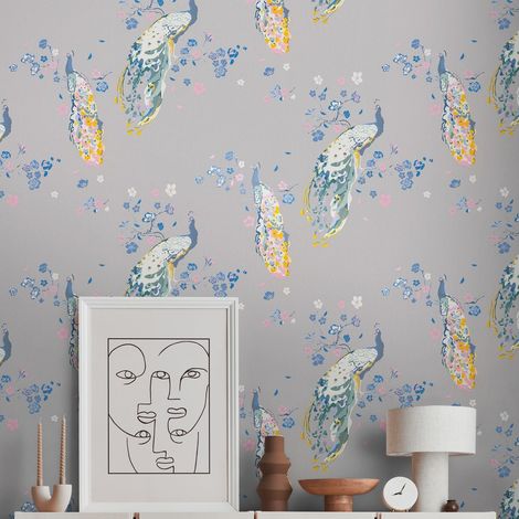 Papier peint coloré nature sur fond gris Tapisserie motif animal et floral Papier peint avec paons style asiatique idéal couloir (1/5)