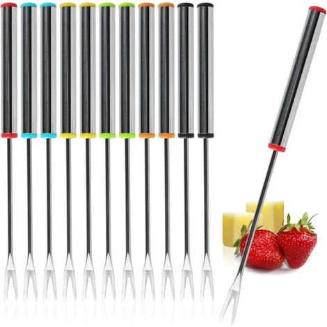 Lot de 12 fourchettes à fondue en acier inoxydable - pour fondue au fromage et au chocolat - service à fondue compatible lave-vaisselle avec manches en acier inoxydable et capuchons de fourchettes col (1/4)