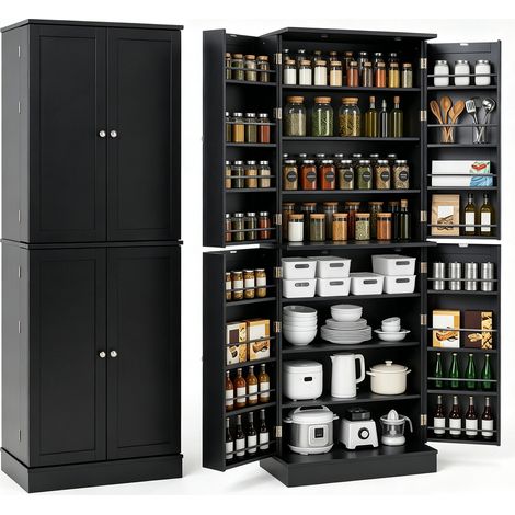 Pantry cabinet with 4 doors, 8 shelves, 16 spice racks & adjustable shelves, black (1/5)