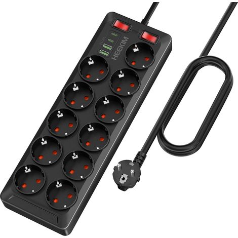 Multiprise Electrique USB C, Multiprise 11 Prises avec 2 Interrupteurs Indépendants Multiprise Electrique avec 2 USB-A et 2 USB-C, Câble de 2M, (Noir) (1/5)