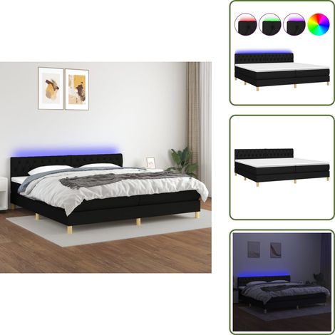 Sommier à lattes de lit et matelas et LED Noir 200x200 cm Tissu - Sommier Tapissier - Lit Avec Led - Matelas À Ressorts Ensachés - Têted Lit Ajustable - Éclairage LED (1/5)