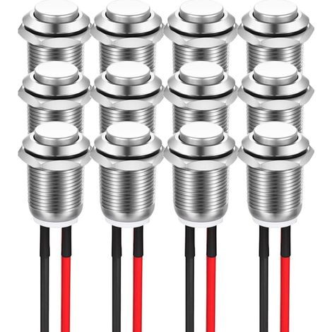 12 pieces 12mm 2A 12V/24V/125V/250V AC Momentary Push Button Metal Housing with Pre-wiring, IP65 Waterproof Push Button (Head Up)