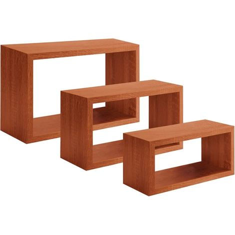 Set di 3 Mensole da Muro, Libreria Sospesa, Libreria Parete, Scaffale Parete, Ciliegio, 45x27 p15,5 cm, 40x22 p15,5 cm e 35x17 p15,5 cm - Trittico (1/4)