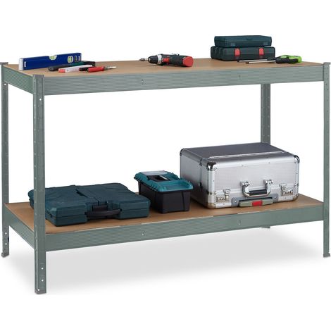 Relaxdays Banco da Lavoro Officina, Tavolo da Garage 2 Scaffali, Altezza Regolabile, Acciaio e MDF, 91x141x61 cm, Grigio