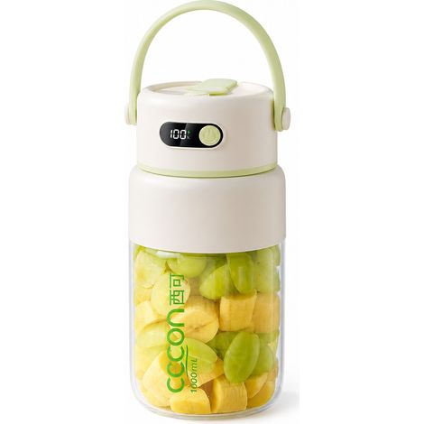 Blender Portable Rechargeable en Verre 1000 ml Vert, 26 Lames en Acier Inoxydable 316, Double Couvercle (1/5)