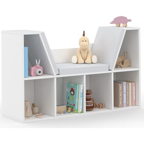 Libreria panca OSCAR 6 scomparti con cuscini grigi 102 cm bianco