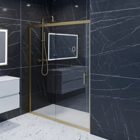 Cuisibane – Paroi de douche coulissante 160 cm – Verre trempé 6 mm – Cadre aluminium doré – Système Stop Water pour étanchéité