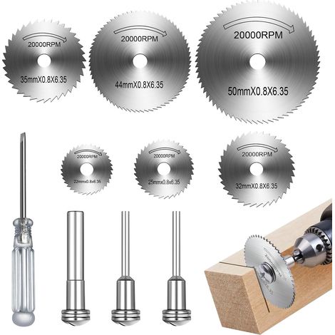 Lot de 6 Lames de Scie Rotative pour Scie à Disque en Acier avec 3 Tiges Mandrin, Disques de Coupe Mini Lames de Scie en Acier Rapide Circulaire pour a Coupe du Bois Plastique et Métal Pierre Verre (1/5)